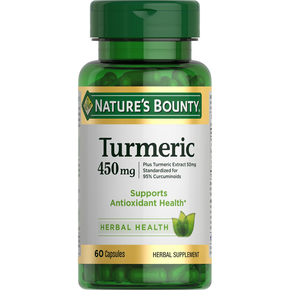 Nature's Bounty Turmeric capsules bottle front view highlighting packaging and easy daily use