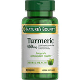 Nature's Bounty Turmeric capsules bottle front view highlighting packaging and easy daily use
