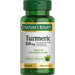 Nature's Bounty Turmeric capsules bottle front view highlighting packaging and easy daily use