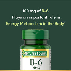 Nature's Bounty Vitamin B6 packaging shows vegetarian-friendly, non-GMO labeling.
