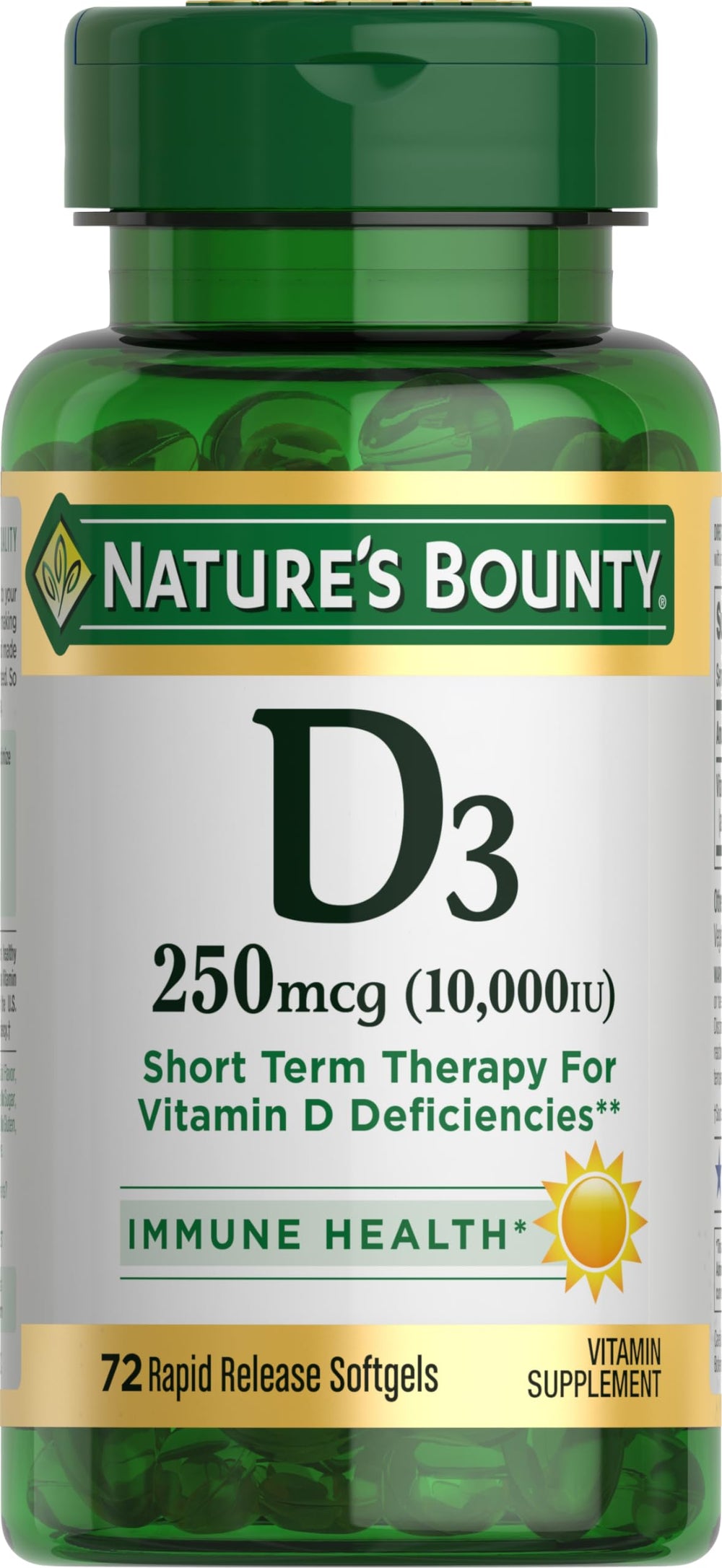 Nature's Bounty Vitamin D3 softgels in bottle support immune health and bone strength.