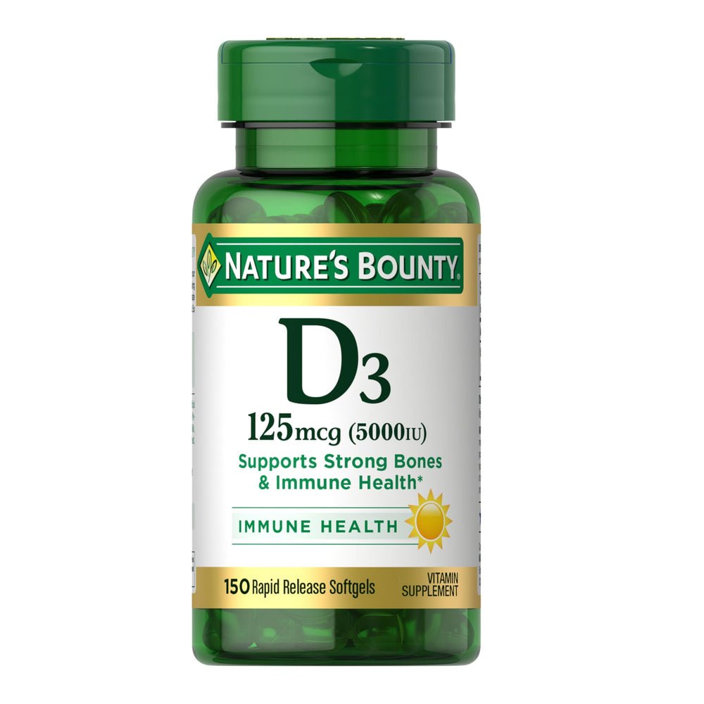 Nature's Bounty Vitamin D3 bottle supports daily immune function.