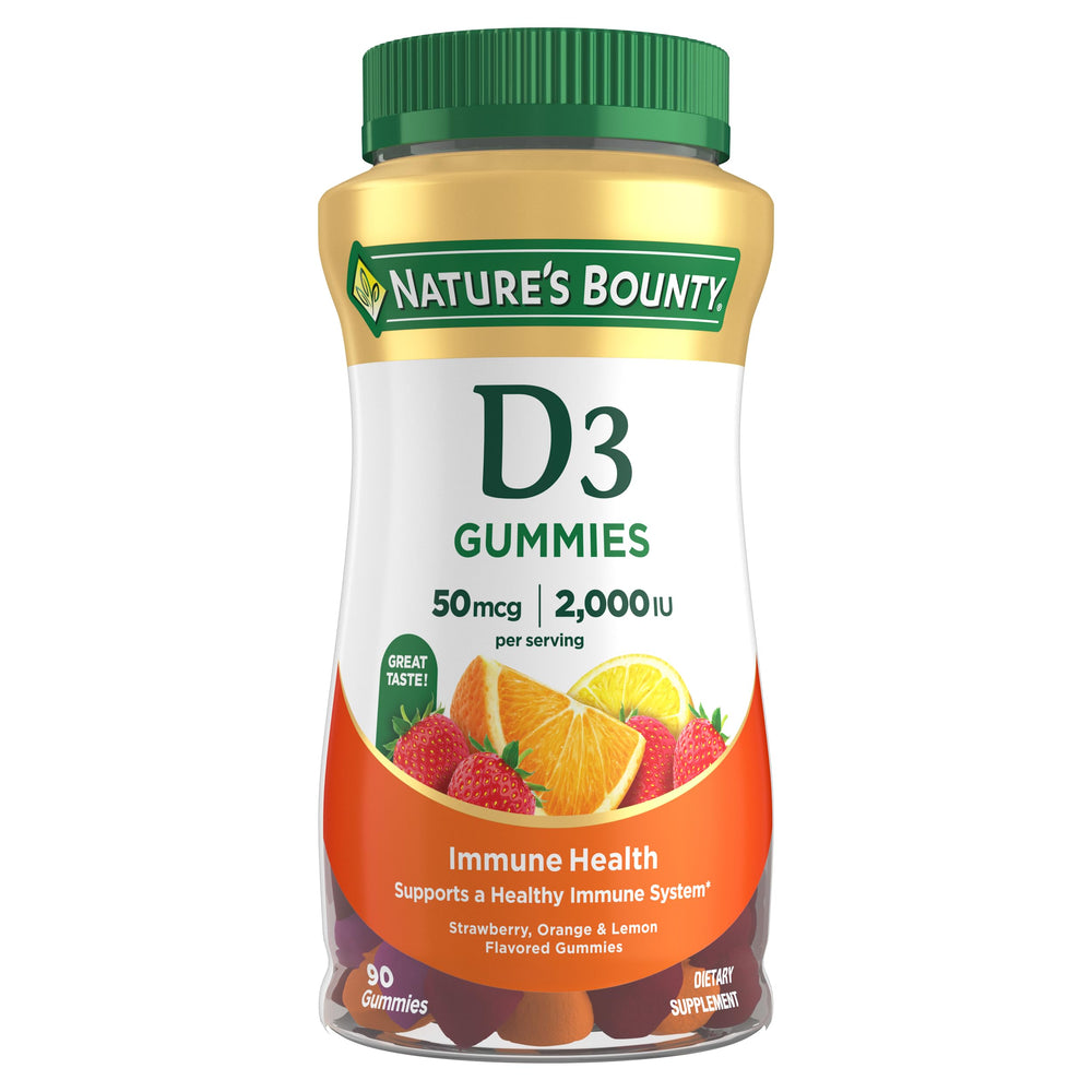 Nature's Bounty Vitamin D3 Gummies bottle front highlights immune support and daily wellness