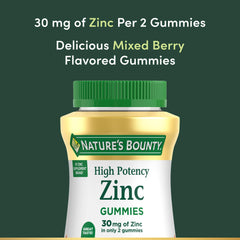 Nature's Bounty Zinc Gummies label shows 30 mg zinc and immune support.