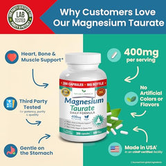 Nature's Branch Magnesium Taurate 400mg capsules close-up shows small size for fast absorption
