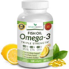 Nature's Branch triple-strength omega-3 bottle with high potency softgels for daily use.