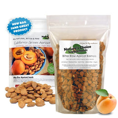 Nature's Choice apricot seeds bag close-up showing fresh, bitter flavor
