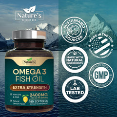 Nature's Choice Omega-3 bottle packaging with USA bottling badge.