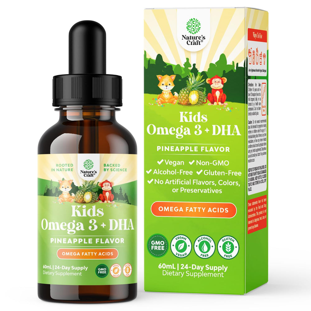 Natures Craft Kids DHA Omega 3 Drops bottle front showing kid-friendly omega nutrition for focus.