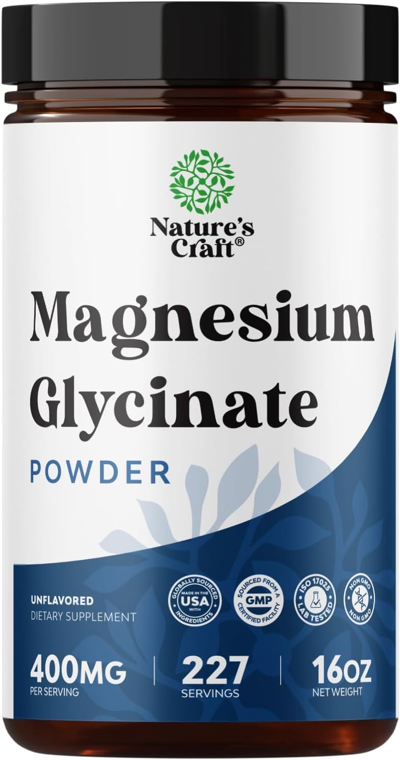 Natures Craft Potent Magnesium Glycinate Powder bottle for daily calm and relaxation.