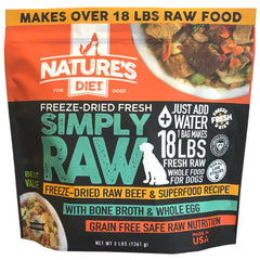 Nature's Diet Simply Raw freeze-dried beef meal bag for quick, wholesome feeding.