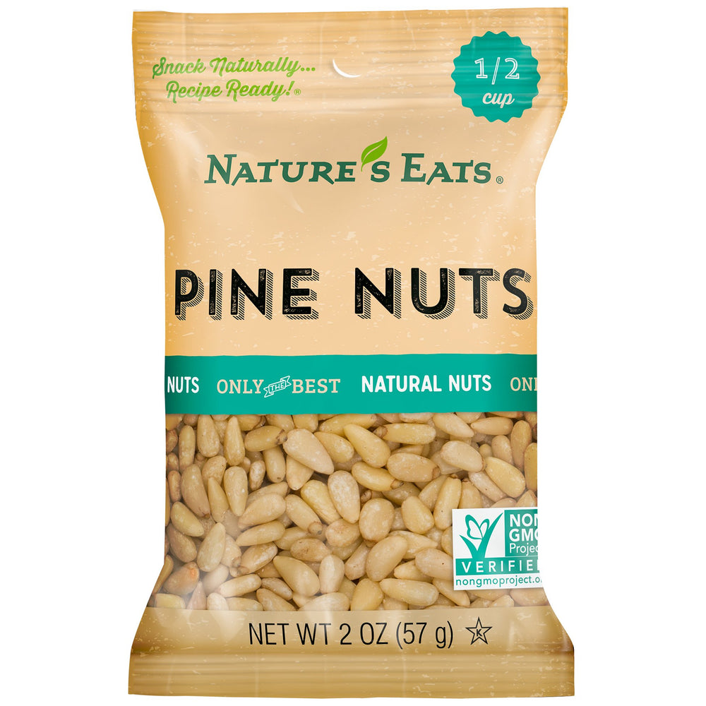 Nature's Eats pine nuts 2 oz pouch with raw, unsalted kernels for healthy snacking.