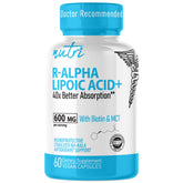 Nature's Fusions Nutri R Alpha Lipoic Acid bottle shows 600 mg dose and vegan formula.