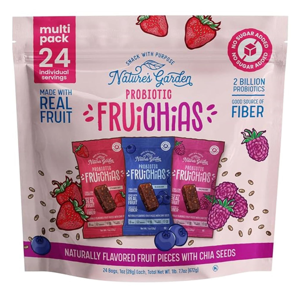 Nature's Garden Fruichias 24-pack front label, ideal for on-the-go snacking.