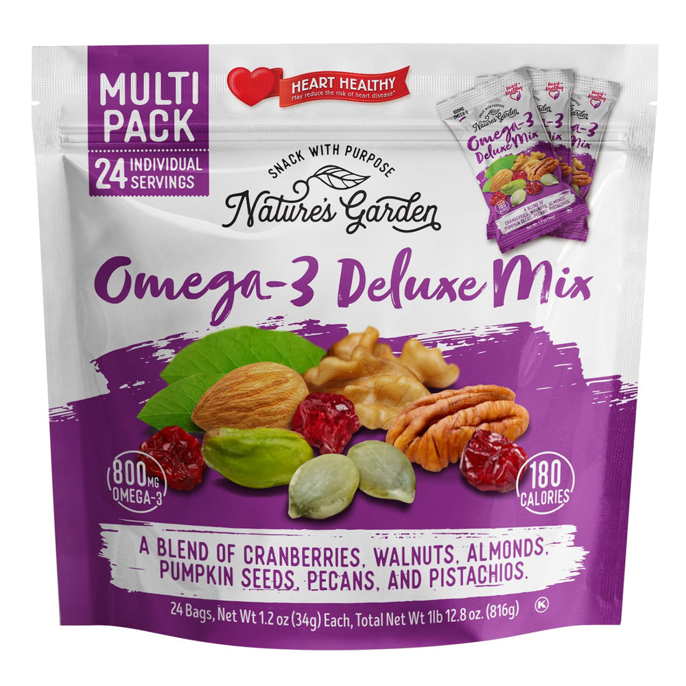 Nature's Garden Omega-3 Deluxe Mix packshot showing a portable snack option