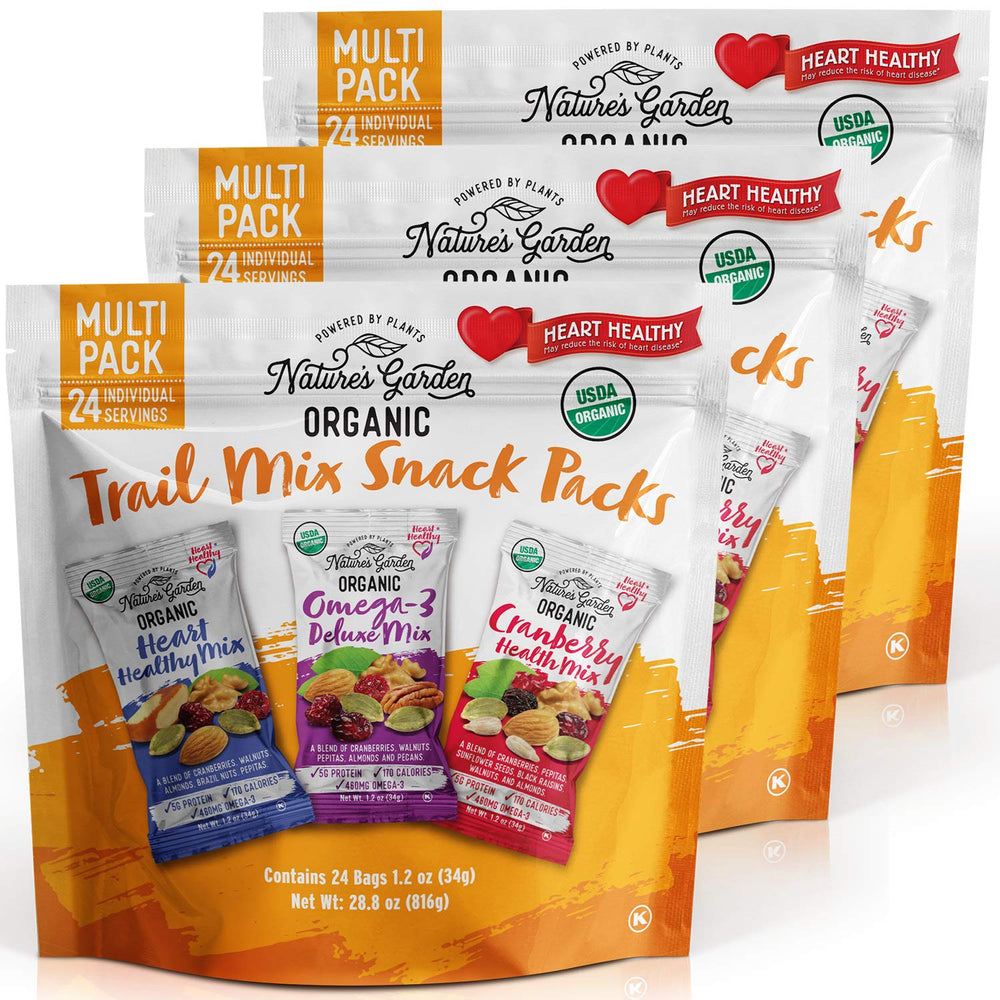 Nature's Garden Organic Trail Mix front packaging; bulk multi-pack for on-the-go snacking.