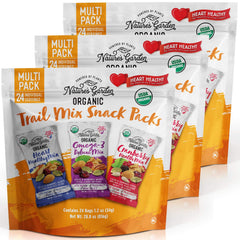 Nature's Garden Organic Trail Mix front packaging; bulk multi-pack for on-the-go snacking.