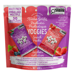 Nature's Garden Probiotic Yoggies mixed berry pack front view with real fruit and yogurt coating.