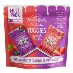 Nature's Garden Probiotic Yoggies strawberry coating closeup emphasizes probiotic goodness and flavor.