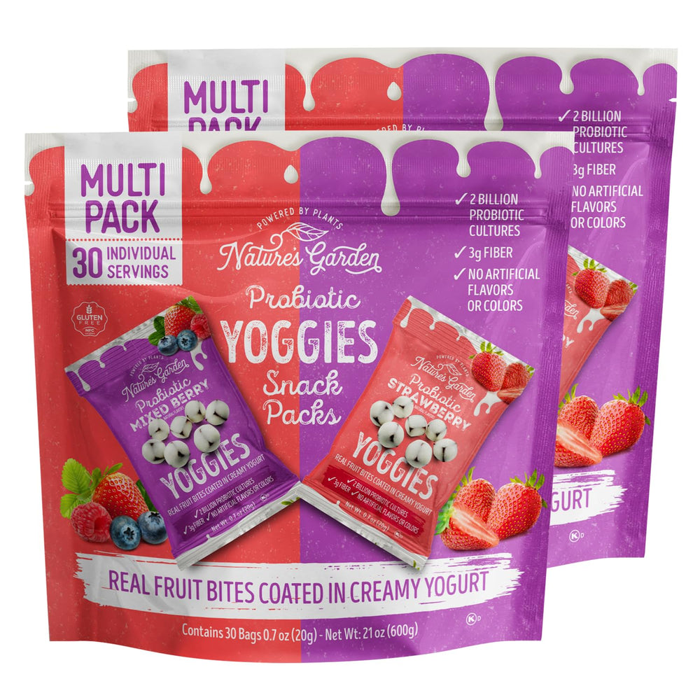 Nature's Garden Yoggies strawberry pack front view, on-the-go probiotic snack