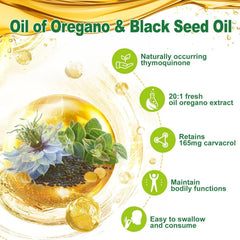 Nature's live oregano and black seed oils close-up showing key actives.