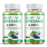 Nature's live Oil of Oregano softgels bottle front, 2-in-1 formula for convenience.