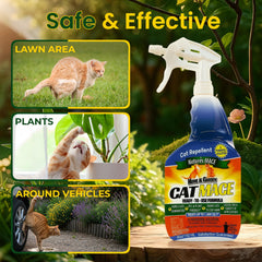 Nature's MACE spray being applied to garden bed and deck to deter cats.