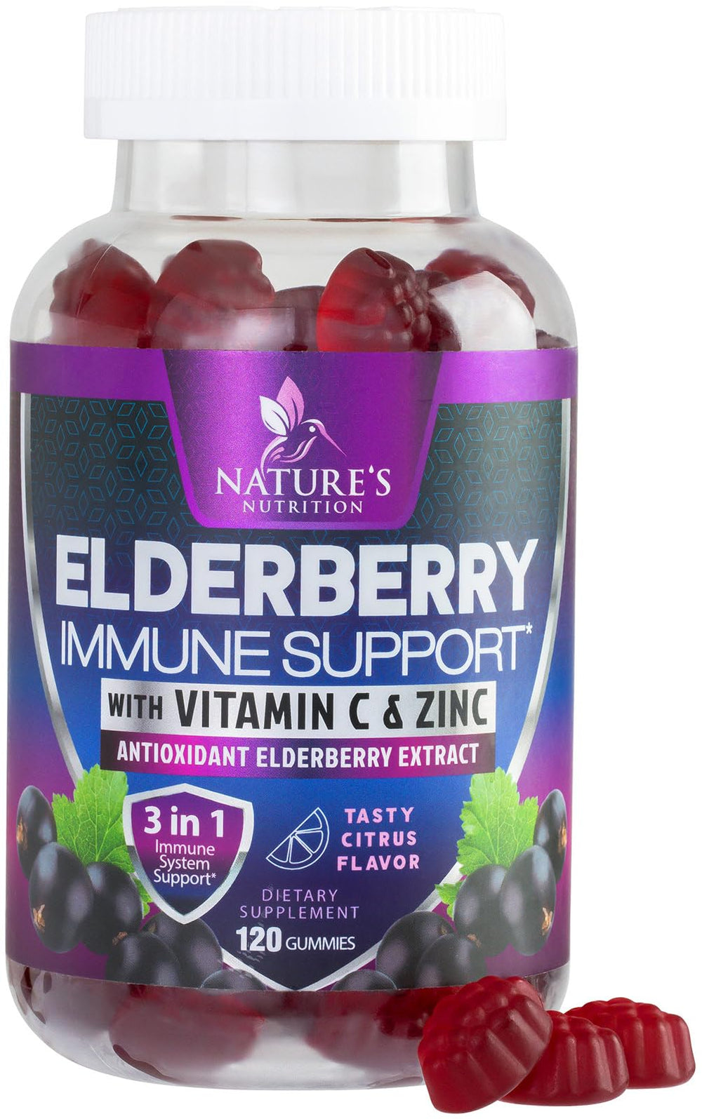 Nature's Nutrition Elderberry Gummies bottle offers convenient daily immune support