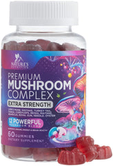 Nature's Nutrition Mushroom Gummies bottle closeup for easy daily wellness.