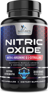 Nature's Nutrition Nitric Oxide Booster 3x Strength bottle supports workout energy.