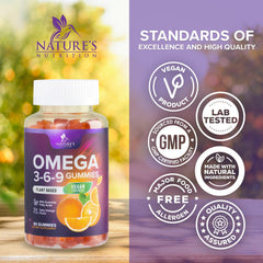 Nature's Nutrition Omega 3-6-9 Gummies label highlights vegan perilla oil and non-GMO claim