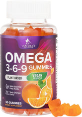 Nature's Nutrition Omega 3-6-9 Gummies orange bottle shows vegan formula for heart and brain support