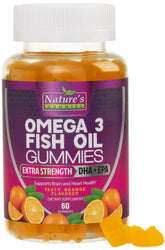 Nature's Nutrition Omega 3 Gummies bottle highlights heart and brain support with orange flavor.