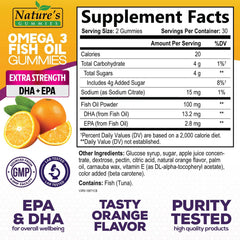 Close-up of Nature's Nutrition Omega 3 gummies shows chewy texture and omega-3 benefits.