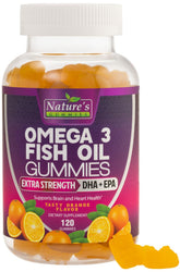 Nature's Nutrition Omega 3 Gummies in orange bottle offering convenient heart and brain support.