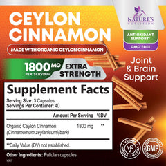 Nature's Nutrition Organic Ceylon Cinnamon 1800mg capsules on the label.