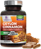 Nature's Nutrition Organic Ceylon Cinnamon capsules bottle for daily energy support.