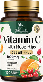 Nature's Nutrition Vitamin C 1000mg chewables bottle on countertop, daily antioxidant support.