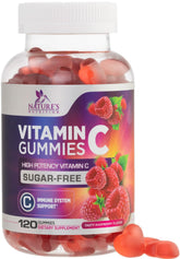 Nature's Nutrition Vitamin C Gummies raspberry bottle highlighting sugar-free, vegan immunity support