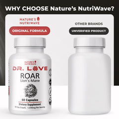 Nature’s NutriWave ROAR Lion’s Mane packaging display for vegan, gluten-free supplement.
