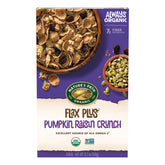 Nature's Path Flax Plus Pumpkin Raisin Crunch cereal box with organic ingredients for a wholesome breakfast.