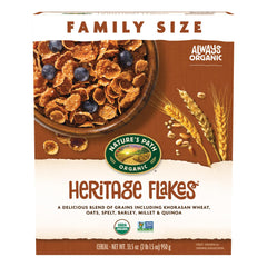 Nature's Path Heritage Flakes cereal box front showing six ancient grains for a wholesome breakfast.