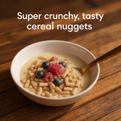 Nature's Path Smart Bran crunchy nuggets highlighting high-fiber cereal texture.