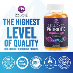 Nature's Peak Probiotic Gummies being poured from bottle.