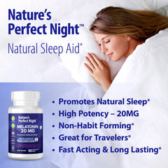 Nature's Perfect Night melatonin 20mg quick-dissolve berry tablets halves for flexible dosing.