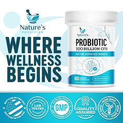 Nature's Physician Probiotics prebiotics in bottle illustrating gut balance support
