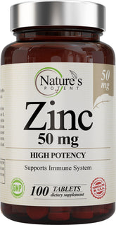 Nature's Potent Zinc 50mg bottle highlights immune support potential.