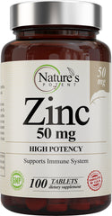Nature's Potent Zinc 50mg bottle highlights immune support potential.