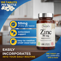 Close-up of Nature's Potent Zinc 50mg tablets for daily wellness.