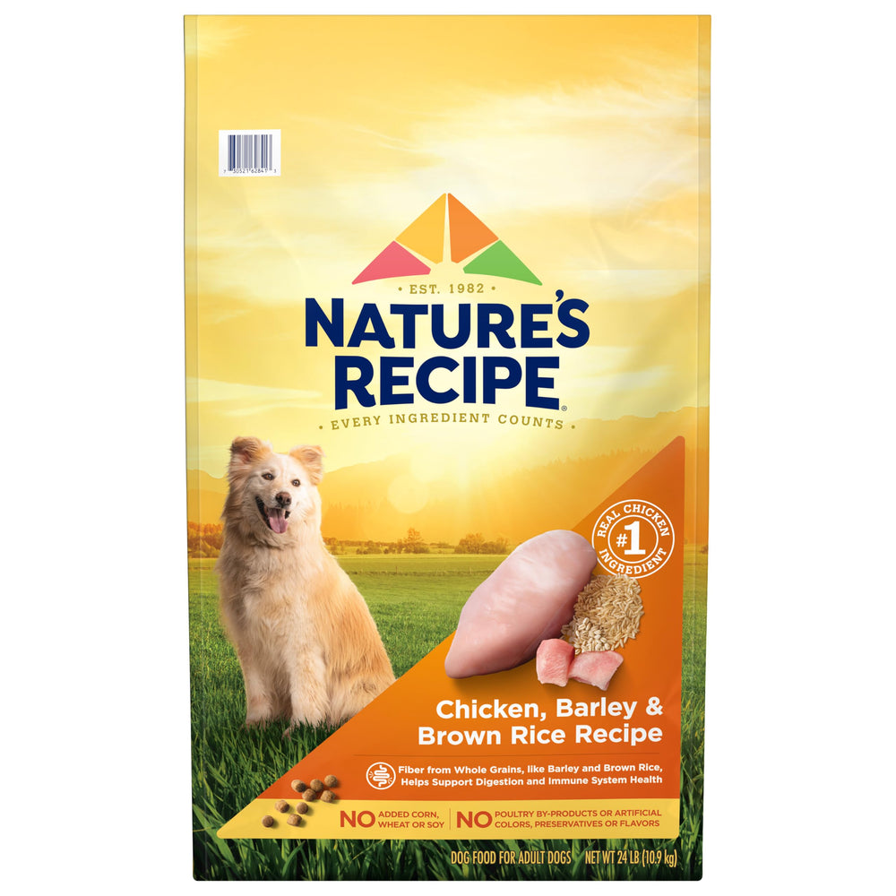 Nature's Recipe chicken-barley-brown-rice dry dog food bag front highlighting real chicken protein.